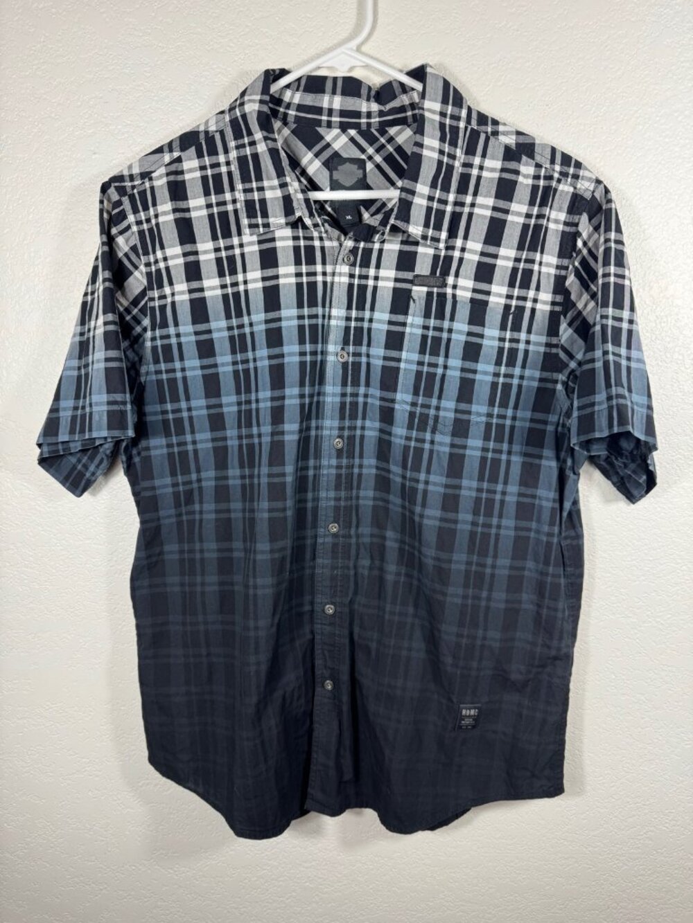 Harley Davidson Plaid Ombre Short Sleeve Button Up Shirt Mens XL Black Blue HDMC